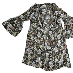 American Eagle Womens XS Black Floral Duster Kimono Print Open Front Bell Sleeve